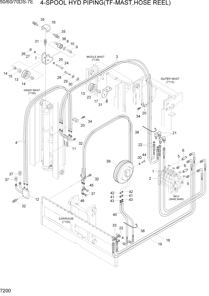 Схема запчастей Hyundai 50/60/70DS-7E - PAGE 7200 4-SPOOL HYD PIPING(TF-MAST,HOSE REEL) РАБОЧЕЕ ОБОРУДОВАНИЕ