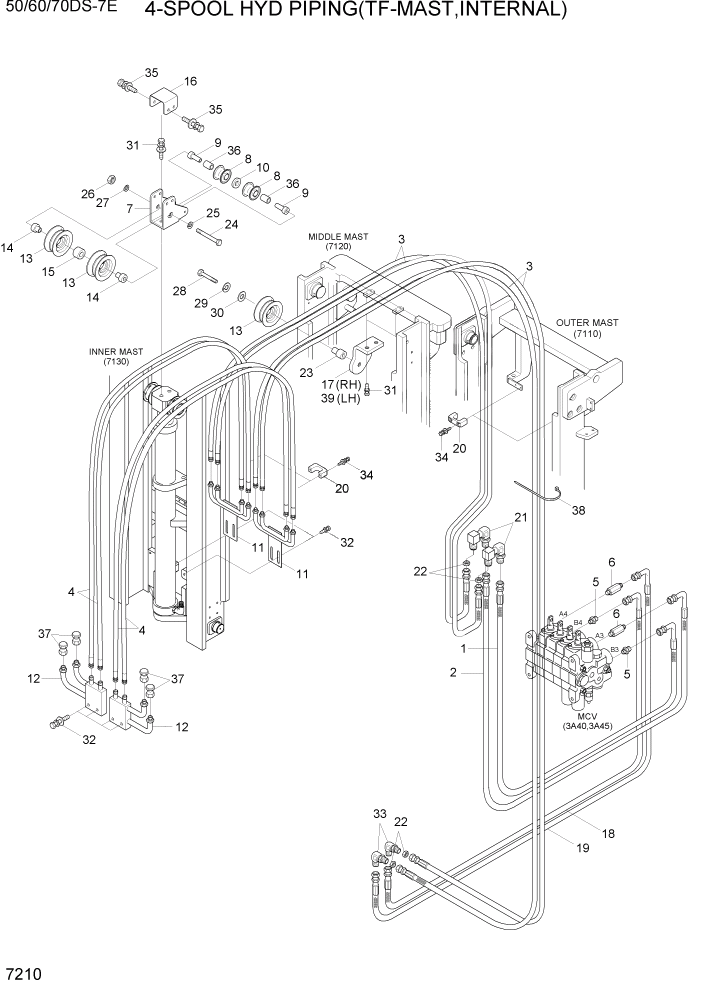 Схема запчастей Hyundai 50/60/70DS-7E - PAGE 7210 4-SPOOL HYD PIPING(TF-MAST,INTERNAL) РАБОЧЕЕ ОБОРУДОВАНИЕ