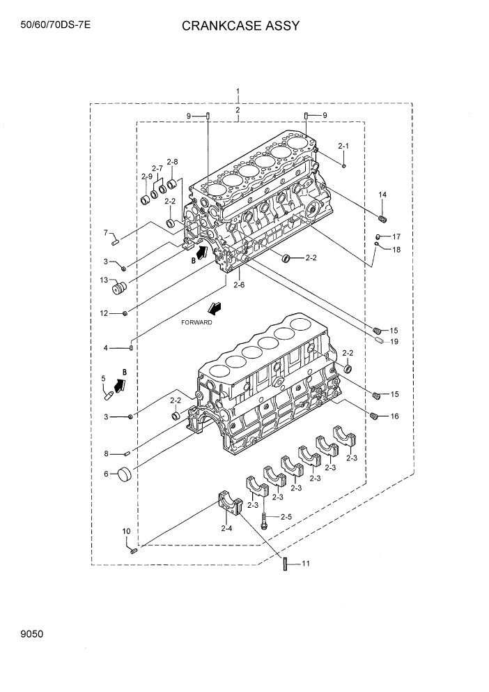 Схема запчастей Hyundai 50/60/70DS-7E - PAGE 9050 CRANKCASE ASSY ДВИГАТЕЛЬ БАЗА