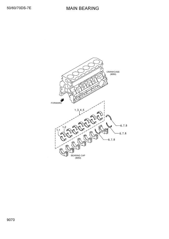 Схема запчастей Hyundai 50/60/70DS-7E - PAGE 9070 MAIN BEARING ДВИГАТЕЛЬ БАЗА