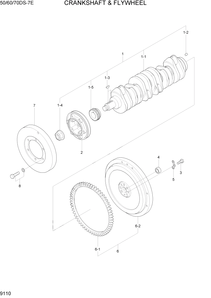 Схема запчастей Hyundai 50/60/70DS-7E - PAGE 9110 CRANKSHAFT & FLYWHEEL ДВИГАТЕЛЬ БАЗА