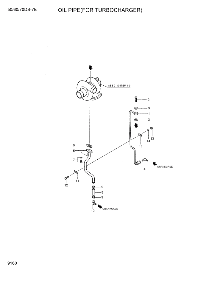 Схема запчастей Hyundai 50/60/70DS-7E - PAGE 9160 OIL PIPE(FOR TURBOCHARGER) ДВИГАТЕЛЬ БАЗА
