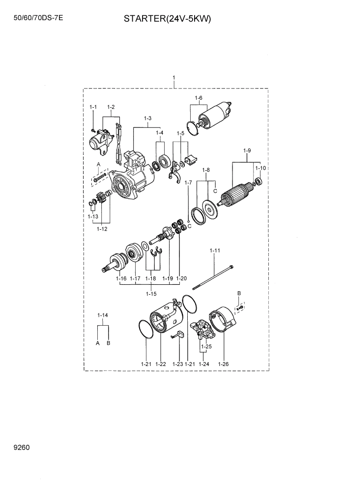 Схема запчастей Hyundai 50/60/70DS-7E - PAGE 9260 STARTER(12V-5.0KW) ДВИГАТЕЛЬ БАЗА