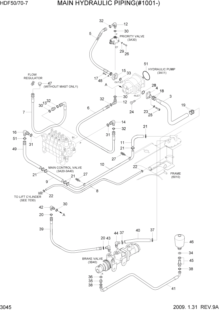 Схема запчастей Hyundai HDF50/HDF70-7 - PAGE 3045 MAIN HYDRAULIC PIPING(#1001-) ГИДРАВЛИЧЕСКАЯ СИСТЕМА