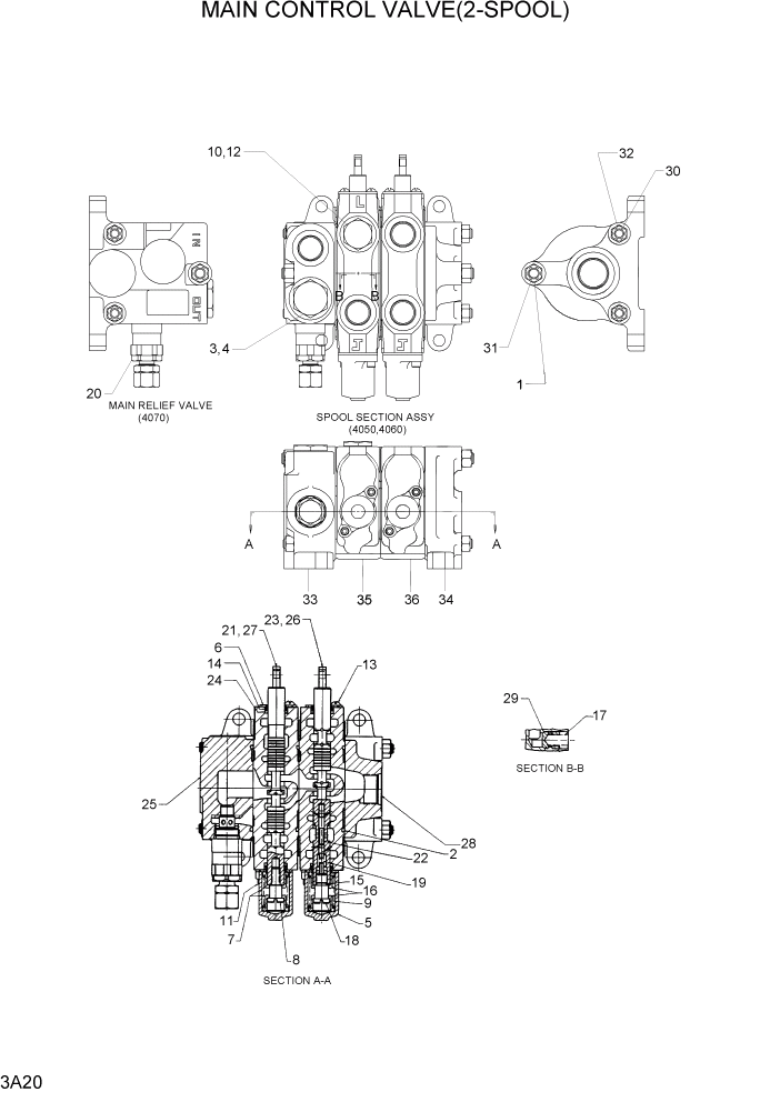 Схема запчастей Hyundai HDF50/HDF70-7 - PAGE 3A20 MAIN CONTROL VALVE(2-SPOOL) ГИДРАВЛИЧЕСКАЯ СИСТЕМА