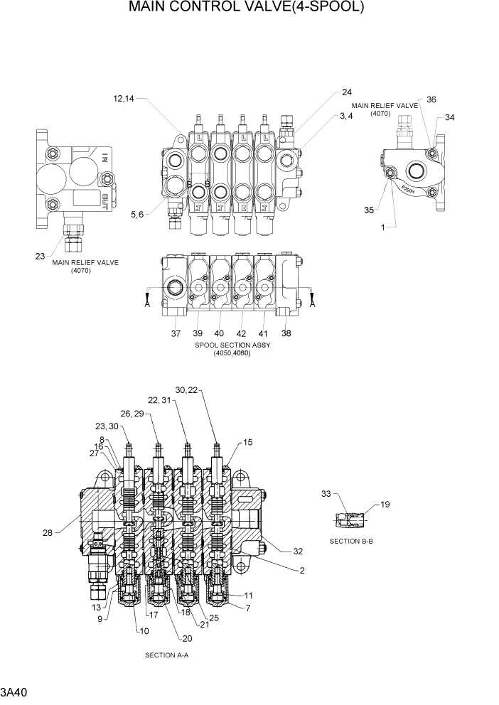 Схема запчастей Hyundai HDF50/HDF70-7 - PAGE 3A40 MAIN CONTROL VALVE(4-SPOOL) ГИДРАВЛИЧЕСКАЯ СИСТЕМА