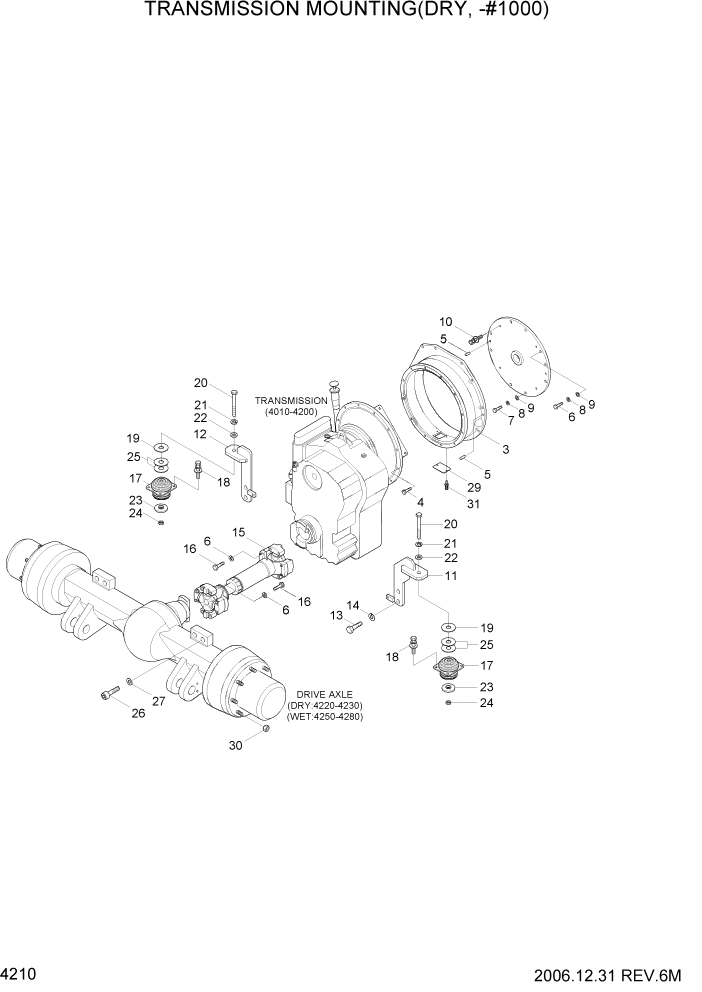 Схема запчастей Hyundai HDF50/HDF70-7 - PAGE 4210 TRANSMISSION MOUNTING(DRY,-#1000) СИЛОВАЯ СИСТЕМА