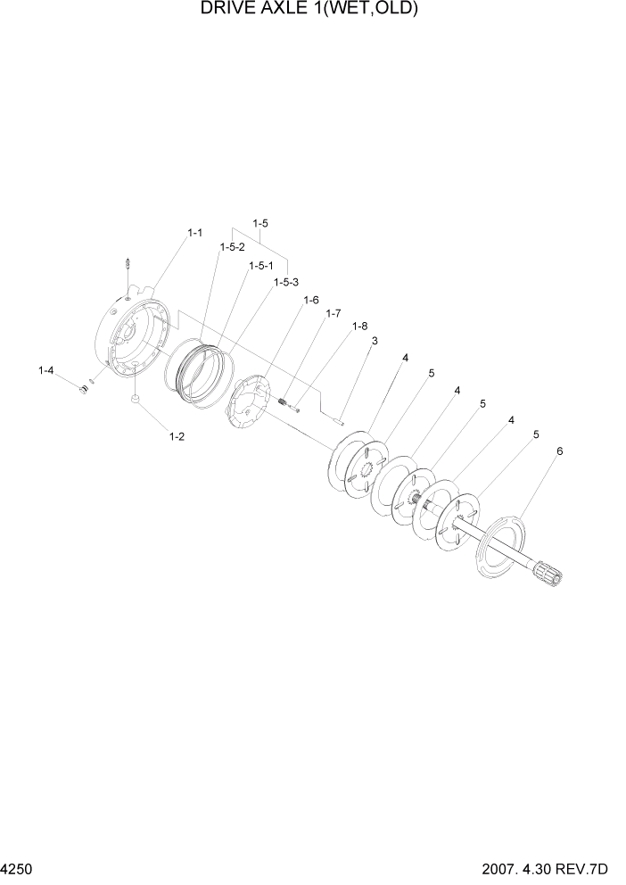 Схема запчастей Hyundai HDF50/HDF70-7 - PAGE 4250 DRIVE AXLE 1(WET,OLD) СИЛОВАЯ СИСТЕМА