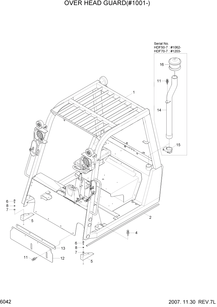 Схема запчастей Hyundai HDF50/HDF70-7 - PAGE 6042 OVER HEAD GUARD(#1001-) СТРУКТУРА