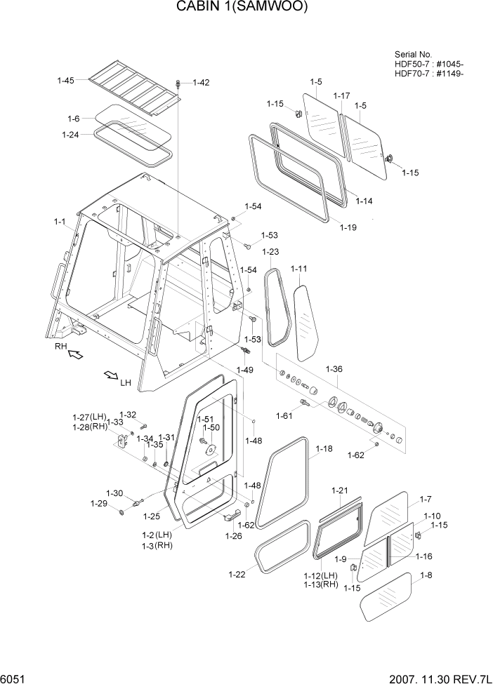 Схема запчастей Hyundai HDF50/HDF70-7 - PAGE 6051 CABIN 1(SAMWOO) СТРУКТУРА