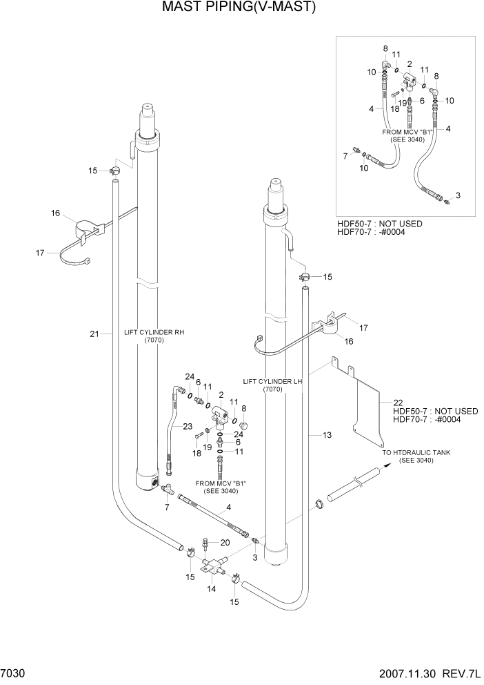 Схема запчастей Hyundai HDF50/HDF70-7 - PAGE 7030 MAST HYDRAULIC PIPING(V-MAST) РАБОЧЕЕ ОБОРУДОВАНИЕ