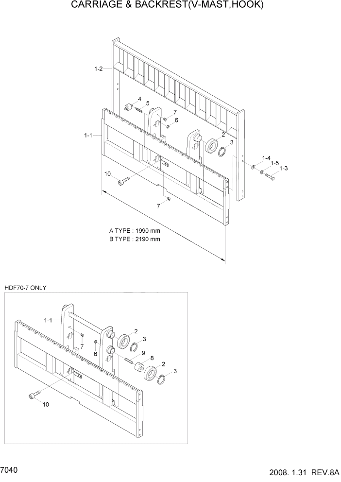 Схема запчастей Hyundai HDF50/HDF70-7 - PAGE 7040 CARRIAGE & BACKREST(V-MAST,HOOK) РАБОЧЕЕ ОБОРУДОВАНИЕ