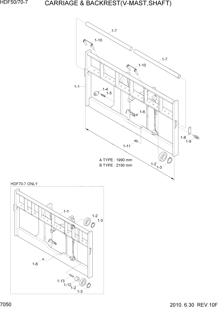 Схема запчастей Hyundai HDF50/HDF70-7 - PAGE 7050 CARRIAGE & BACKREST(V-MAST,SHAFT) РАБОЧЕЕ ОБОРУДОВАНИЕ