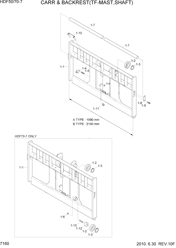 Схема запчастей Hyundai HDF50/HDF70-7 - PAGE 7160 CARR & BACKREST(TF-MAST,SHAFT) РАБОЧЕЕ ОБОРУДОВАНИЕ