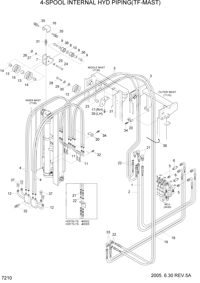 Схема запчастей Hyundai HDF50/HDF70-7 - PAGE 7210 4-SPOOL INTERNAL HYD PIPING(TF-MAST) РАБОЧЕЕ ОБОРУДОВАНИЕ