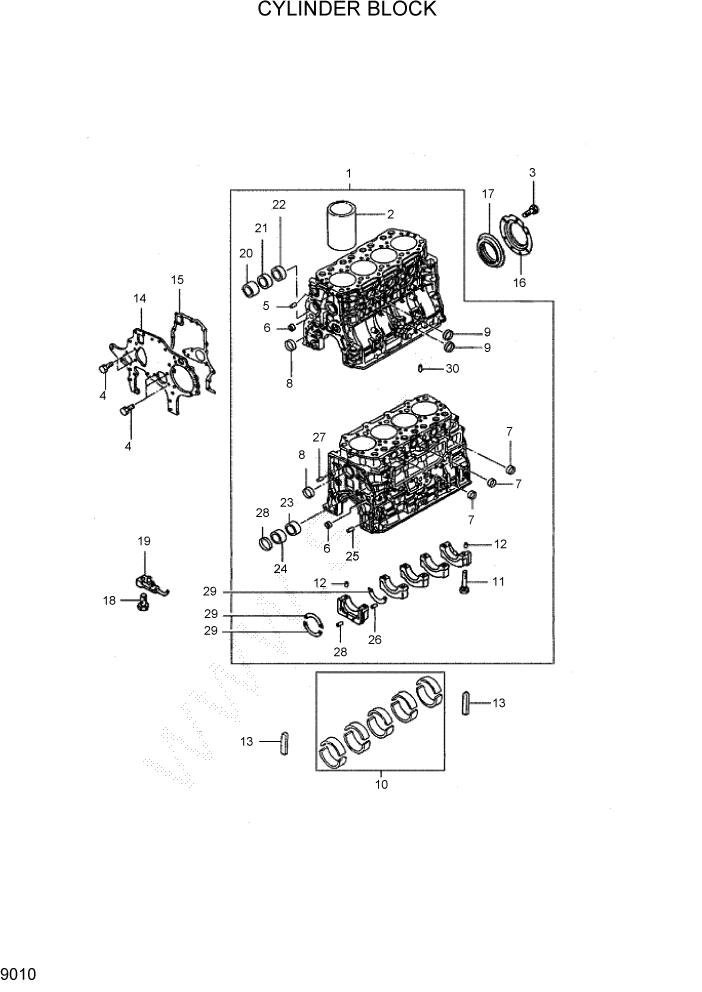 Схема запчастей Hyundai HDF50/HDF70-7 - PAGE 9010 CYLINDER BLOCK ДВИГАТЕЛЬ БАЗА (- # 1000)