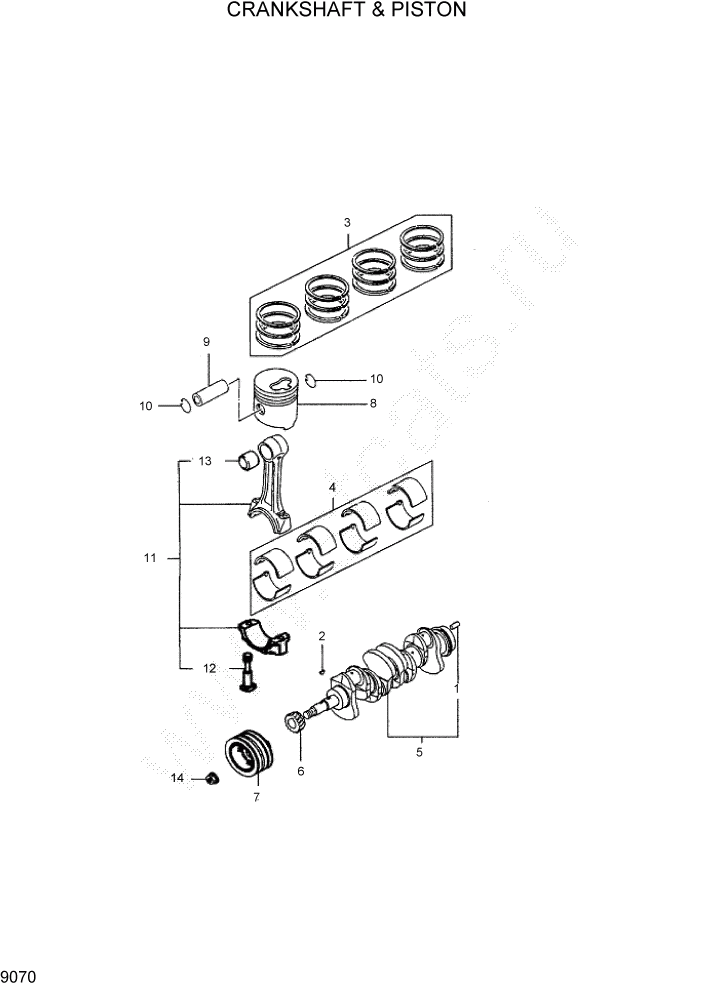 Схема запчастей Hyundai HDF50/HDF70-7 - PAGE 9070 CRANKSHAFT & PISTON ДВИГАТЕЛЬ БАЗА (- # 1000)