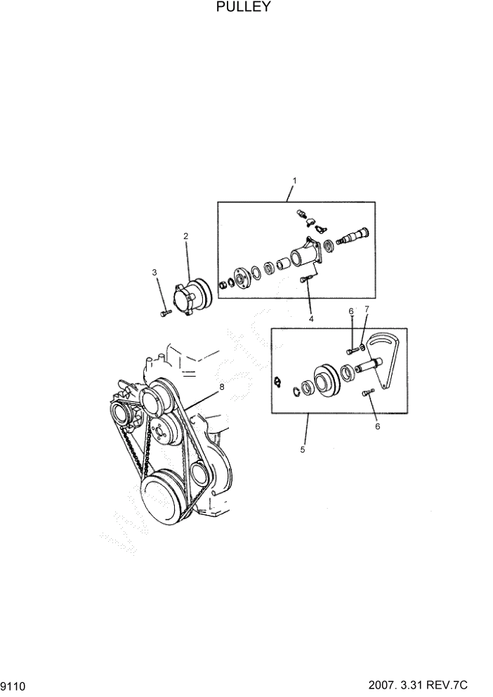 Схема запчастей Hyundai HDF50/HDF70-7 - PAGE 9110 PULLEY ДВИГАТЕЛЬ БАЗА (- # 1000)