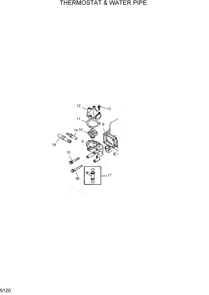 Схема запчастей Hyundai HDF50/HDF70-7 - PAGE 9120 THERMOSTAT & WATER PIPE ДВИГАТЕЛЬ БАЗА (- # 1000)