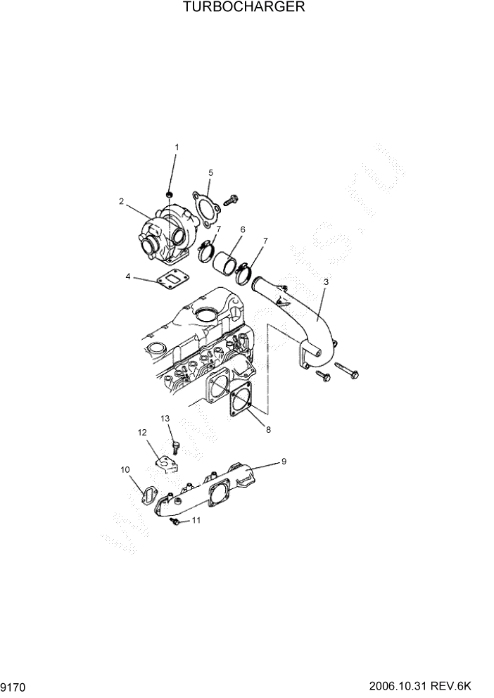 Схема запчастей Hyundai HDF50/HDF70-7 - PAGE 9170 TURBOCHARGER ДВИГАТЕЛЬ БАЗА (- # 1000)