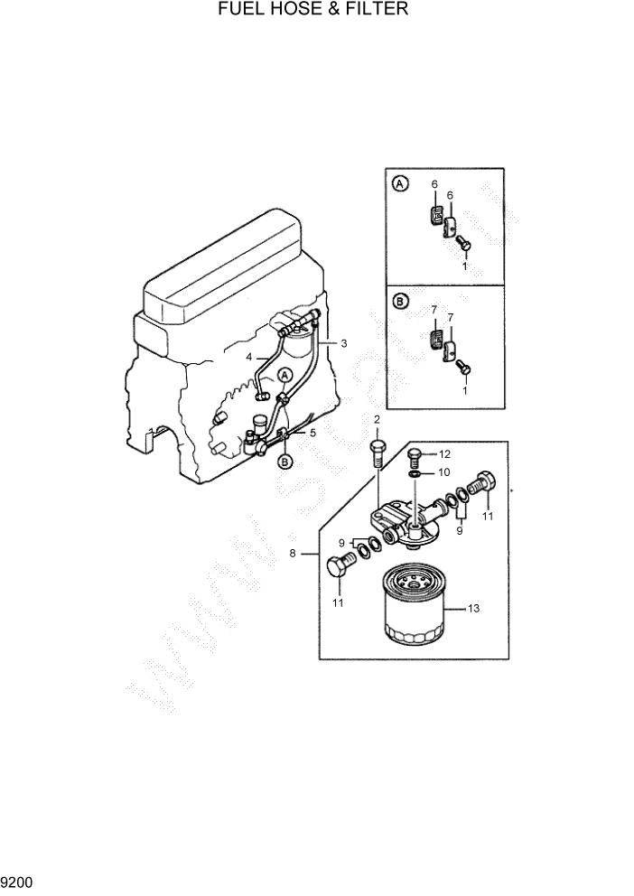 Схема запчастей Hyundai HDF50/HDF70-7 - PAGE 9200 FUEL HOSE & FILTER ДВИГАТЕЛЬ БАЗА (- # 1000)