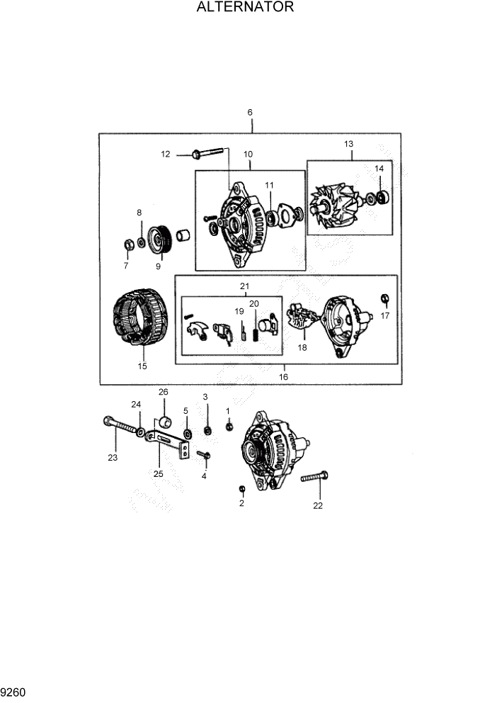 Схема запчастей Hyundai HDF50/HDF70-7 - PAGE 9260 ALTERNATOR ДВИГАТЕЛЬ БАЗА (- # 1000)