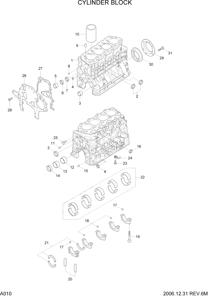 Схема запчастей Hyundai HDF50/HDF70-7 - PAGE A010 CYLINDER BLOCK ДВИГАТЕЛЬ БАЗА (# 1001)