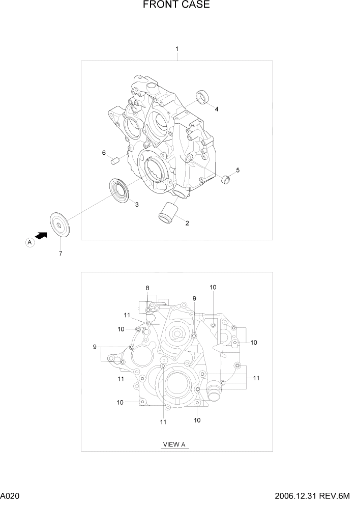 Схема запчастей Hyundai HDF50/HDF70-7 - PAGE A020 FRONT CASE ДВИГАТЕЛЬ БАЗА (# 1001)