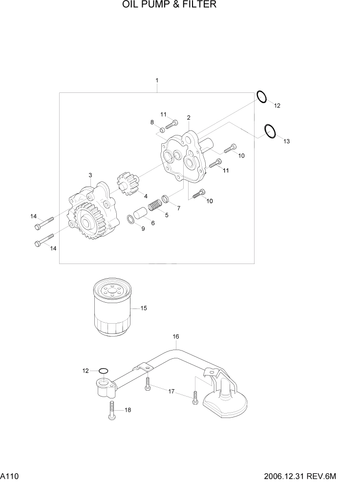 Схема запчастей Hyundai HDF50/HDF70-7 - PAGE A110 OIL PUMP & FILTER ДВИГАТЕЛЬ БАЗА (# 1001)