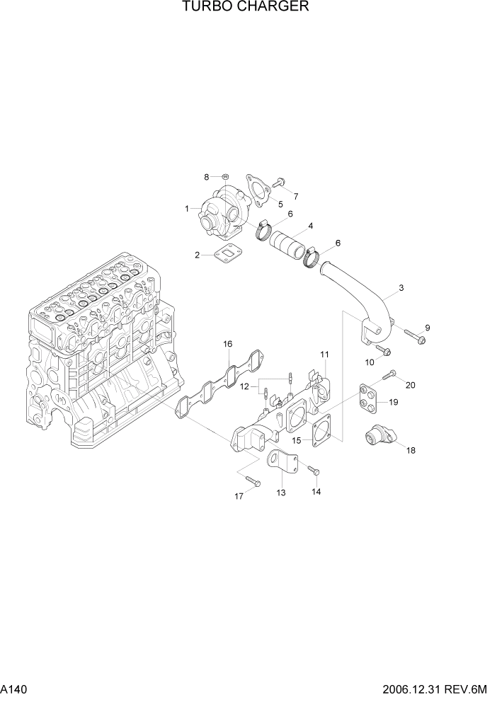 Схема запчастей Hyundai HDF50/HDF70-7 - PAGE A140 TURBO CHARGER ДВИГАТЕЛЬ БАЗА (# 1001)