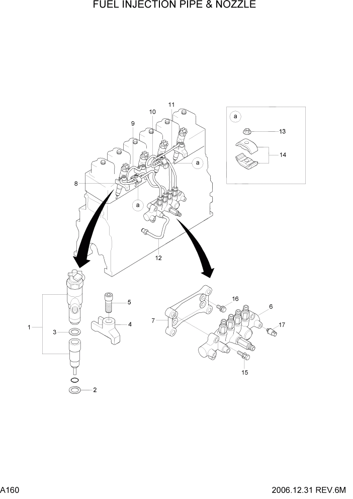 Схема запчастей Hyundai HDF50/HDF70-7 - PAGE A160 FUEL INJECTION PIPE & NOZZLE ДВИГАТЕЛЬ БАЗА (# 1001)