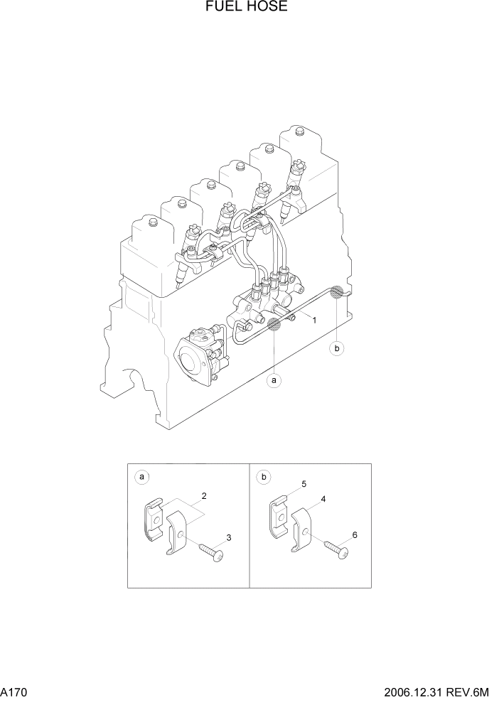 Схема запчастей Hyundai HDF50/HDF70-7 - PAGE A170 FUEL HOSE ДВИГАТЕЛЬ БАЗА (# 1001)