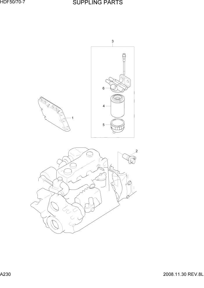 Схема запчастей Hyundai HDF50/HDF70-7 - PAGE A230 SUPPLING PARTS ДВИГАТЕЛЬ БАЗА (# 1001)