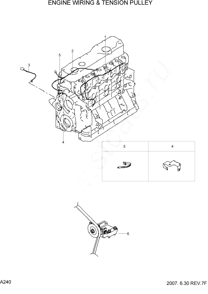 Схема запчастей Hyundai HDF50/HDF70-7 - PAGE A240 ENGINE WIRING & TENSION PULLEY ДВИГАТЕЛЬ БАЗА (# 1001)