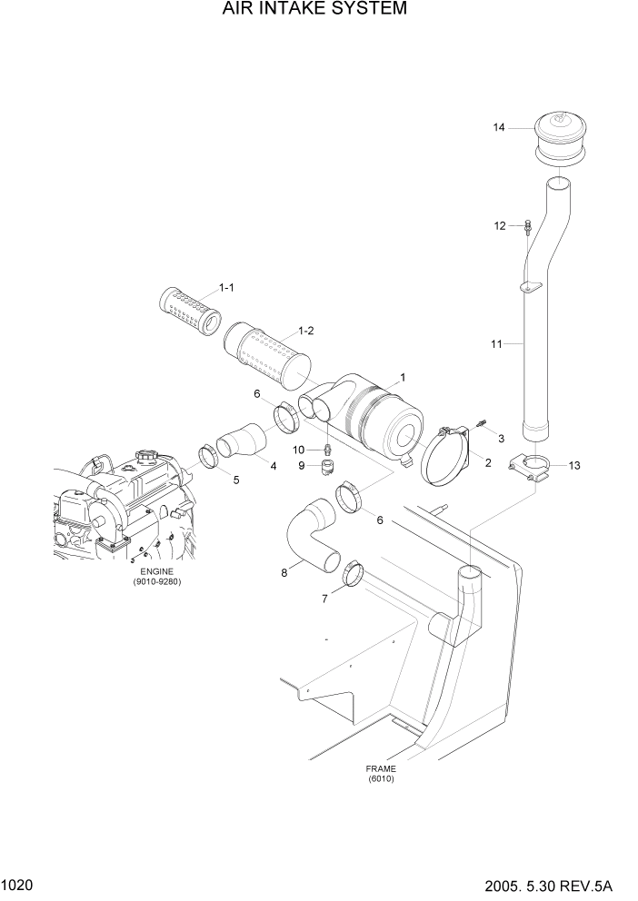 Схема запчастей Hyundai HDF50/HDF70-7S - PAGE 1020 AIR INTAKE SYSTEM СИСТЕМА ДВИГАТЕЛЯ