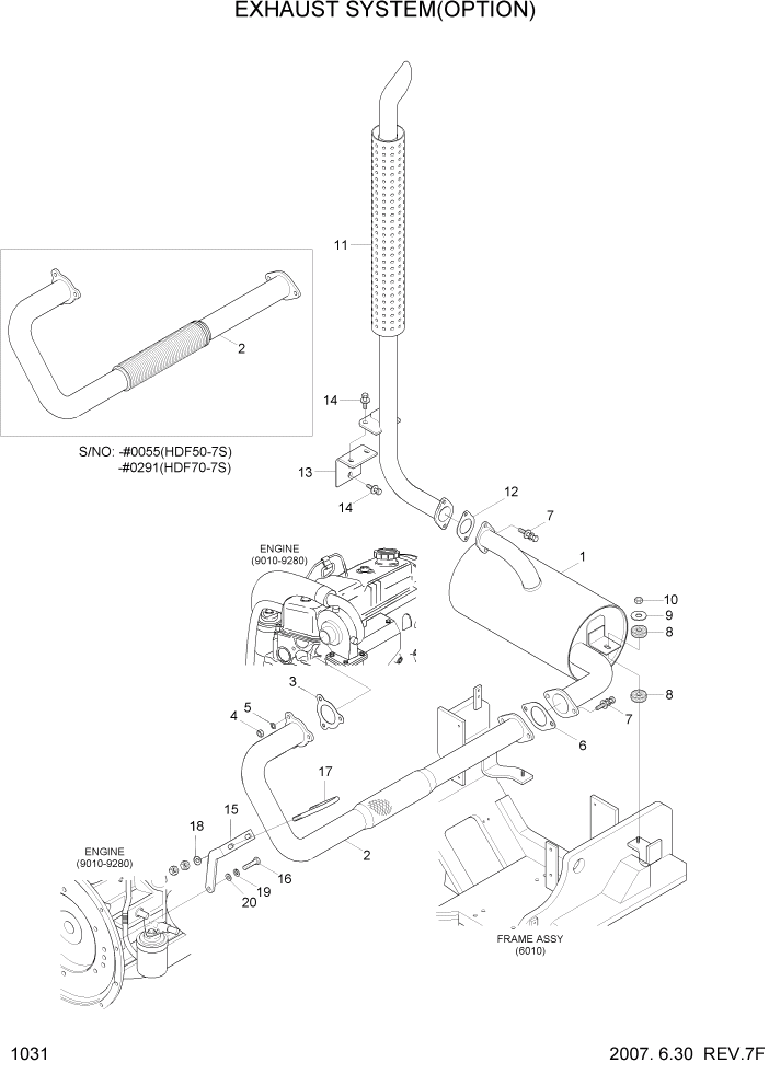 Схема запчастей Hyundai HDF50/HDF70-7S - PAGE 1031 EXHAUST SYSTEM(OPTION) СИСТЕМА ДВИГАТЕЛЯ