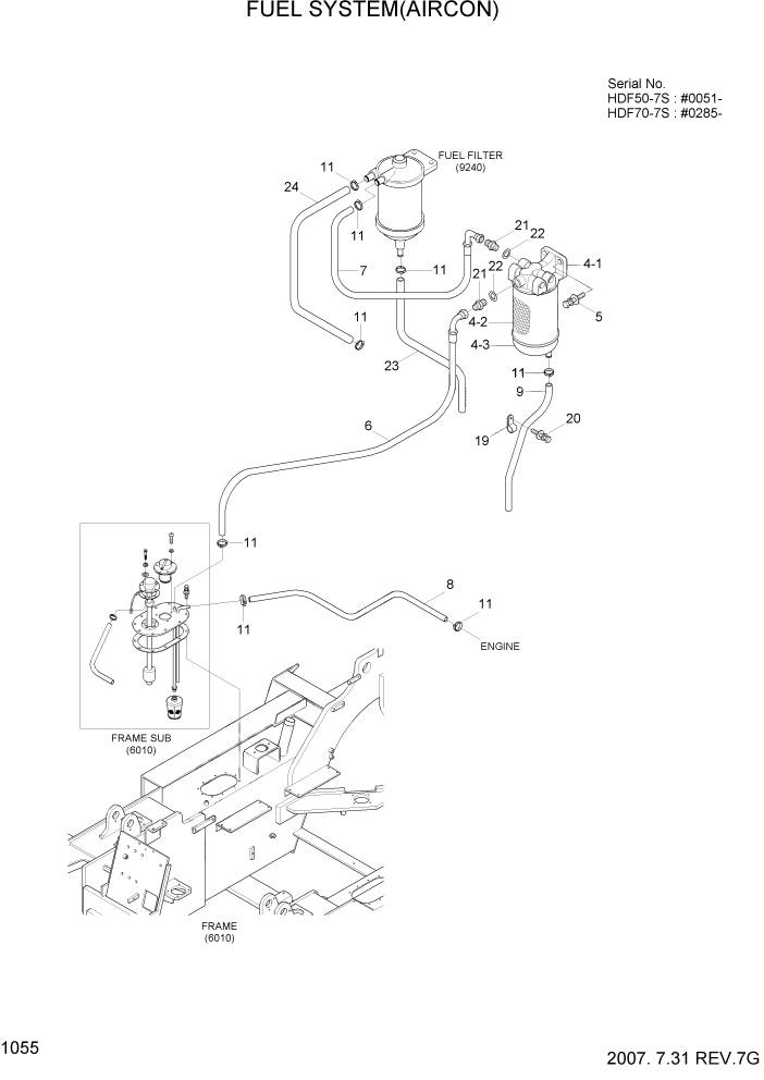 Схема запчастей Hyundai HDF50/HDF70-7S - PAGE 1055 FUEL SYSTEM(AIRCON) СИСТЕМА ДВИГАТЕЛЯ