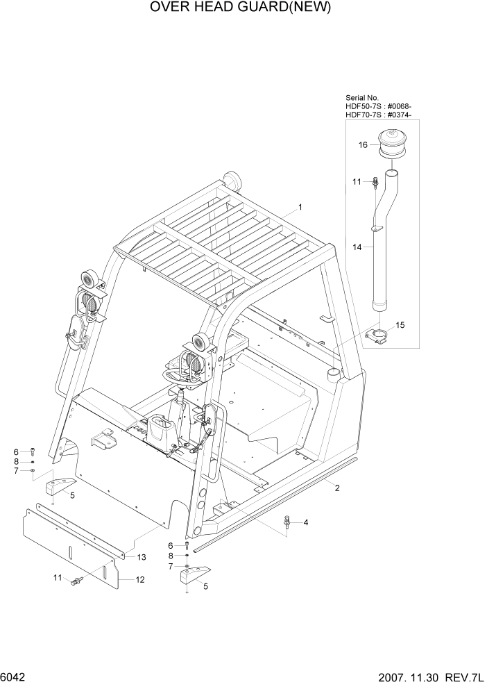 Схема запчастей Hyundai HDF50/HDF70-7S - PAGE 6042 OVER HEAD GUARD(NEW) СТРУКТУРА