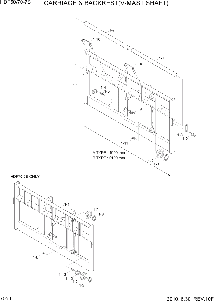 Схема запчастей Hyundai HDF50/HDF70-7S - PAGE 7050 CARRIAGE & BACKREST(V-MAST,SHAFT) РАБОЧЕЕ ОБОРУДОВАНИЕ