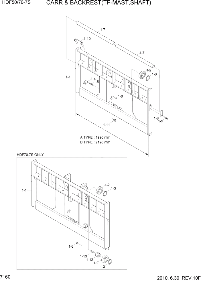 Схема запчастей Hyundai HDF50/HDF70-7S - PAGE 7160 CARR & BACKREST(TF-MAST,SHAFT) РАБОЧЕЕ ОБОРУДОВАНИЕ