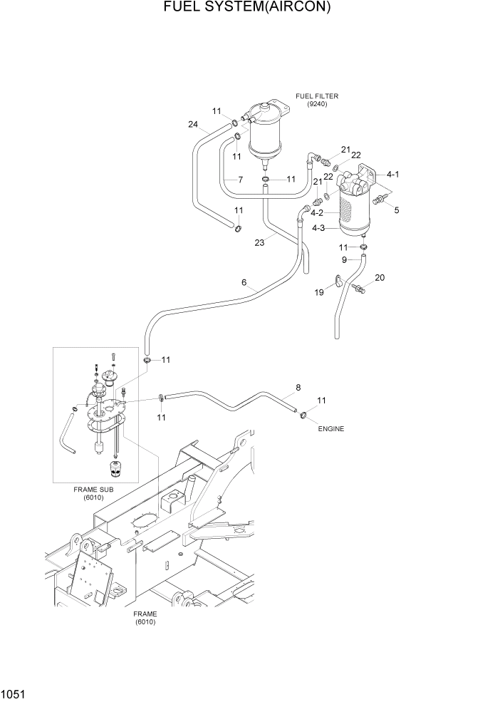 Схема запчастей Hyundai 80D-7 - PAGE 1051 FUEL SYSTEM(AIRCON) СИСТЕМА ДВИГАТЕЛЯ