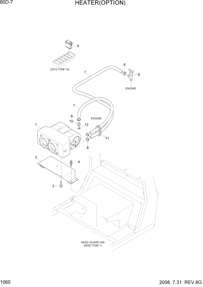 Схема запчастей Hyundai 80D-7 - PAGE 1060 HEATER(CABIN) СИСТЕМА ДВИГАТЕЛЯ