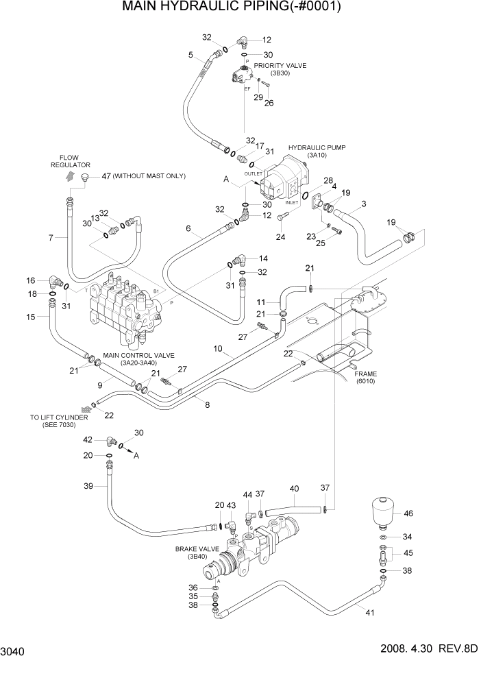 Схема запчастей Hyundai 80D-7 - PAGE 3040 MAIN HYDRAULIC PIPING(-#0001) ГИДРАВЛИЧЕСКАЯ СИСТЕМА