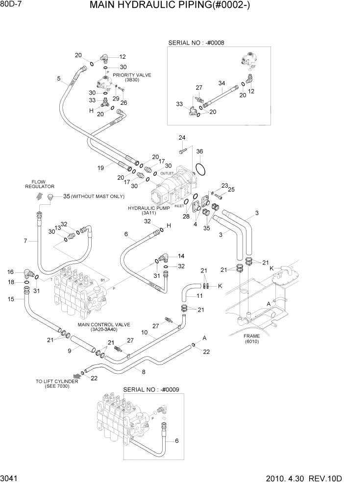 Схема запчастей Hyundai 80D-7 - PAGE 3041 MAIN HYDRAULIC PIPING(#0002-) ГИДРАВЛИЧЕСКАЯ СИСТЕМА