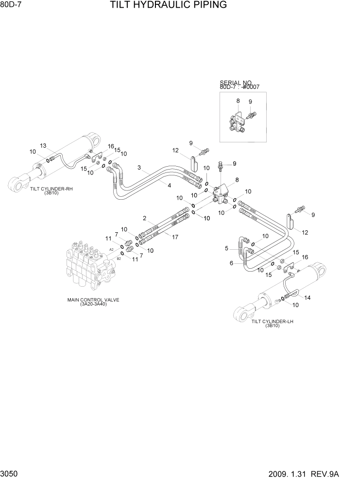 Схема запчастей Hyundai 80D-7 - PAGE 3050 TILT HYDRAULIC PIPING ГИДРАВЛИЧЕСКАЯ СИСТЕМА