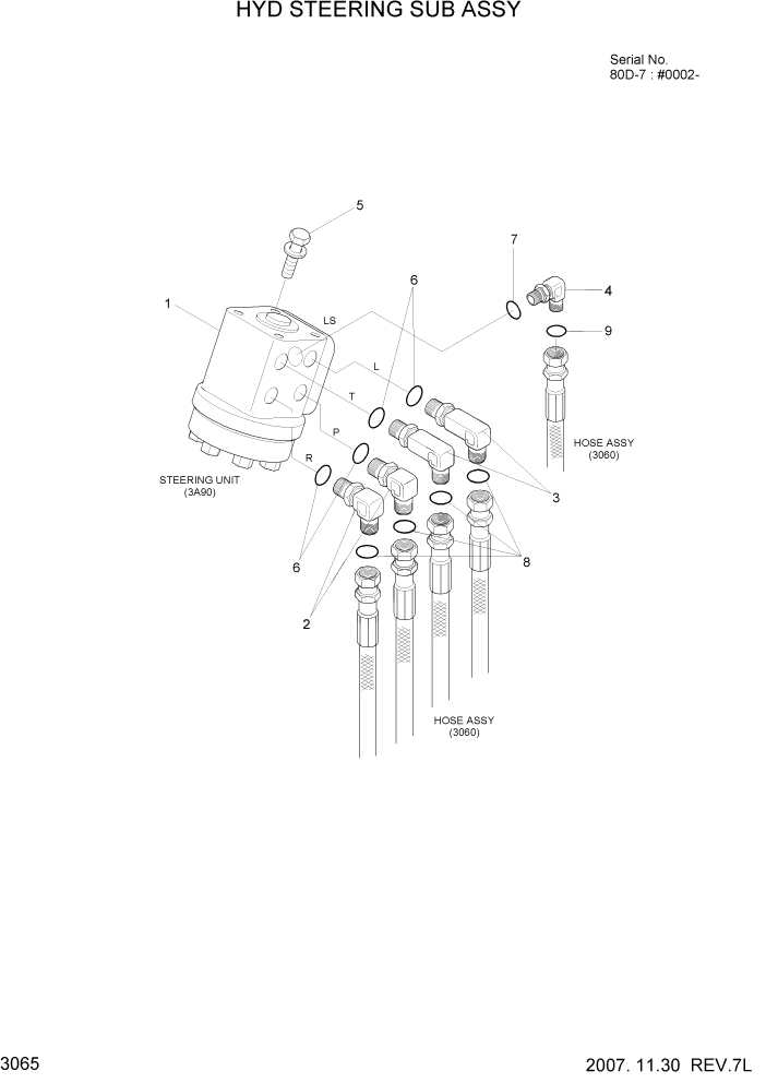 Схема запчастей Hyundai 80D-7 - PAGE 3065 HYD STEERING SUB ASSY ГИДРАВЛИЧЕСКАЯ СИСТЕМА