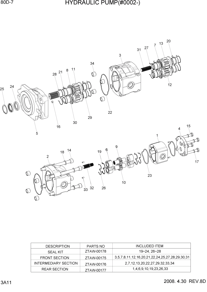 Схема запчастей Hyundai 80D-7 - PAGE 3A11 HYDRAULIC PUMP(#0002-) ГИДРАВЛИЧЕСКАЯ СИСТЕМА