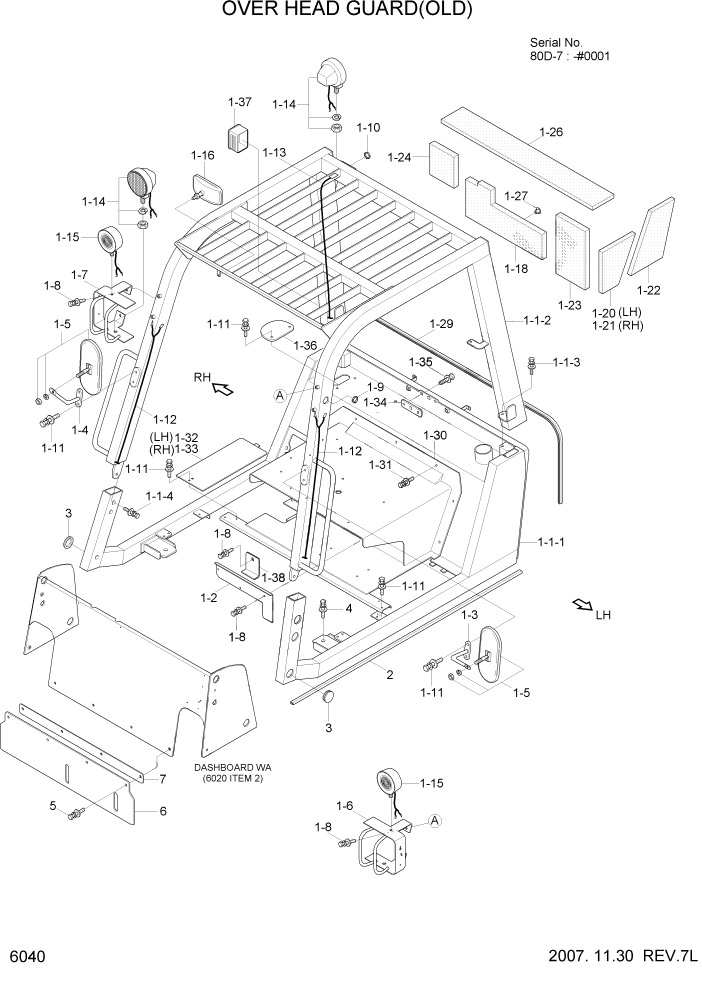 Схема запчастей Hyundai 80D-7 - PAGE 6040 OVER HEAD GUARD(OLD) СТРУКТУРА