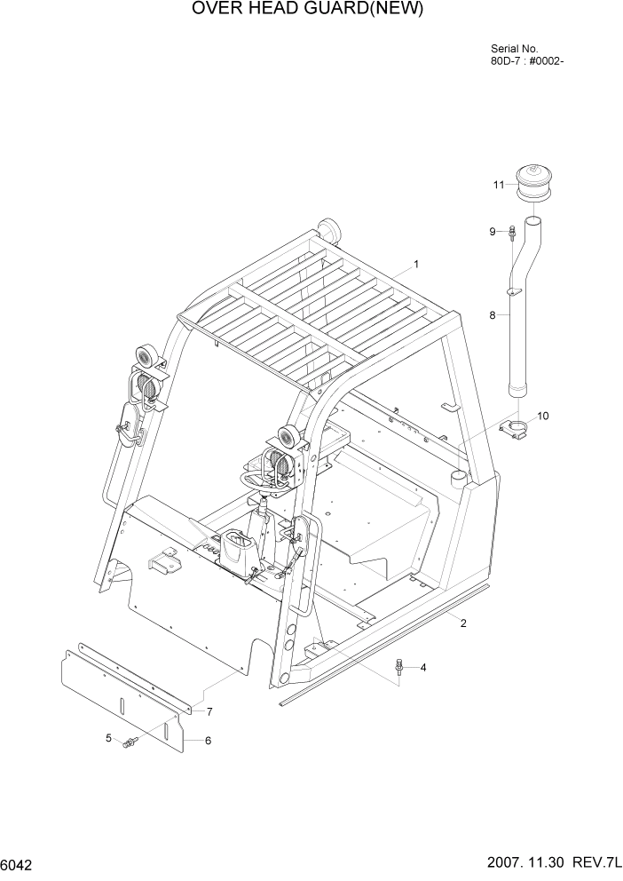 Схема запчастей Hyundai 80D-7 - PAGE 6042 OVER HEAD GUARD(NEW) СТРУКТУРА