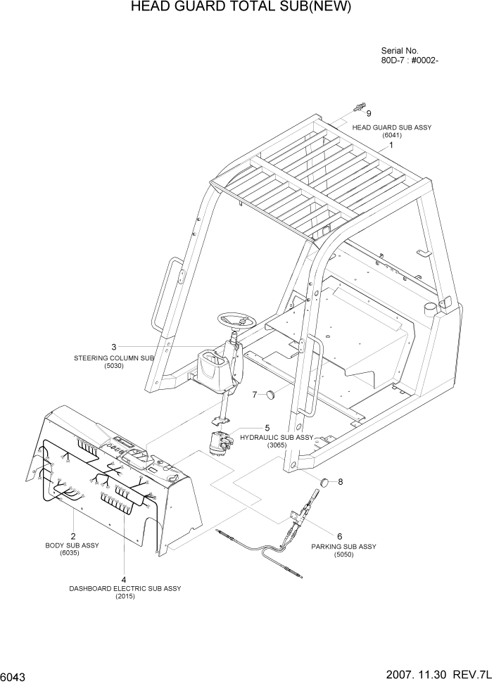 Схема запчастей Hyundai 80D-7 - PAGE 6043 HEAD GUARD TOTAL SUB(NEW) СТРУКТУРА